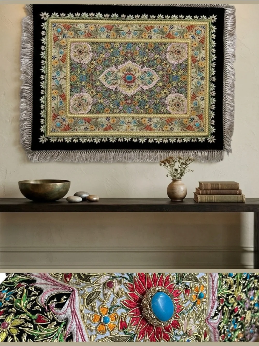 Esquisite Zardozi Style Metallic Embroidered Velvet Wall Tapestry Jeweled 20x25”